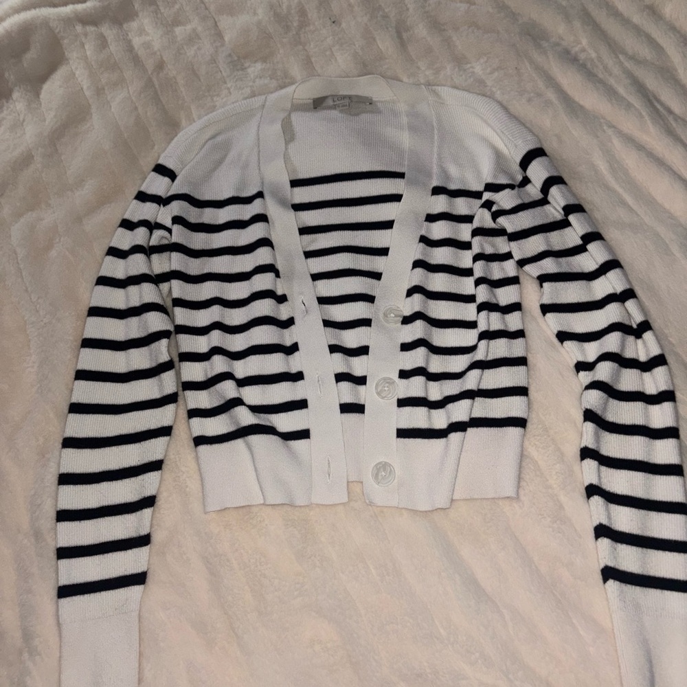 LOFT Black and White Striped Cardigan
